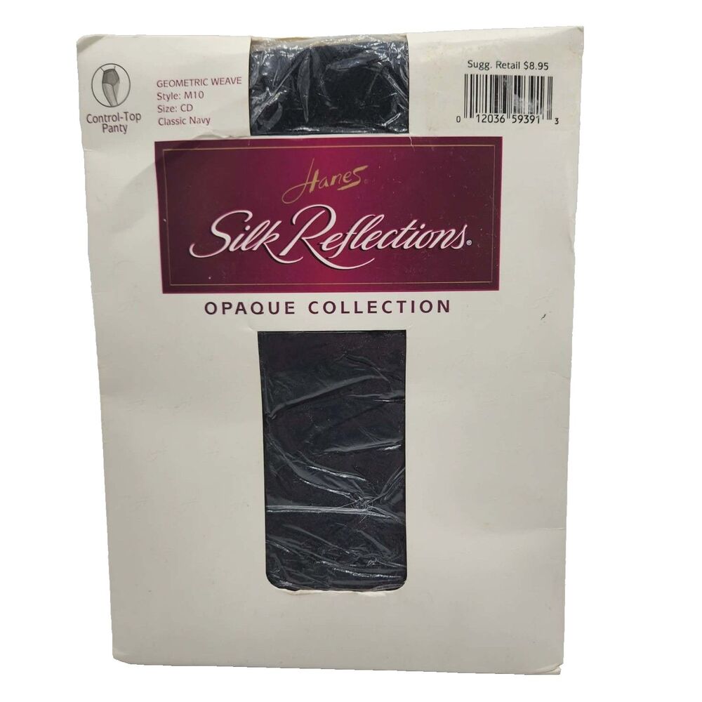Hanes Silk Reflections Textured Geometric Pantyhose Size CD Navy Blue Style M10